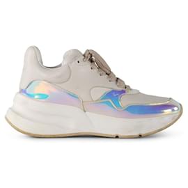 Alexander Mcqueen-Alexander Mcqueen Leather And Holographic Lace-Up Platform Sneakers-White