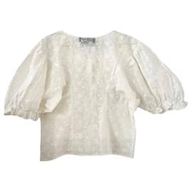 Cacharel-Hervorragende Vintage Bluse 70/80s Cacharel 40 (Taille 2) weiß bestickte Baumwollmischung-Weiß