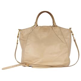 Prada-Prada Beige Leather Hobo Handbag with Strap-Beige