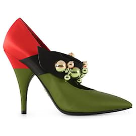 Prada-Prada Red Satin Embellished Pointy Toe Pumps-Red