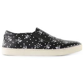 Dolce & Gabbana Black & White Leather Skull/Cross Bone & Polka Dot Printed Slip On Sneakers Black