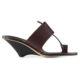 Saint Laurent-Saint Laurent Brown Leather Saba 55 Band Thong Wedge Heel Sandals-Brown