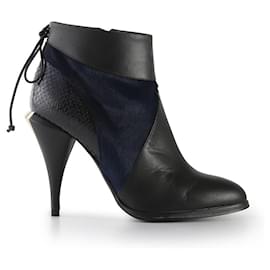 Fendi-Fendi Black & Navy Leather/Python Embossed Leather/Pony Hair Ankle Boots-Black