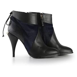 Fendi-Fendi Black & Navy Leather/Python Embossed Leather/Pony Hair Ankle Boots-Black