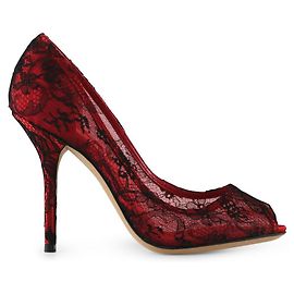 Dolce & Gabbana Red Satin Peep Toe Pumps With Black Lace Overlay Red