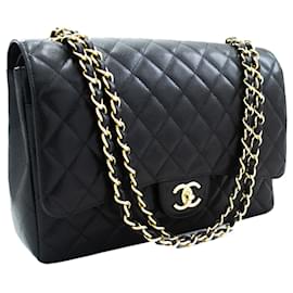 Chanel-CHANEL Maxi Classic Handbag Grained calf leather lined Flap Chain Shoulder Bag-Black