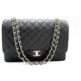Chanel-CHANEL Maxi Classic Handbag Grained calf leather lined Flap Chain Shoulder Bag-Black