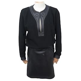 Hermès-HERMES TROMPE L'OEIL DRESS M 40 BLACK LAMB LEATHER AND WOOL CALF WOOL DRESS-Black