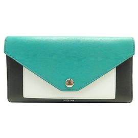 Céline NEUF PORTEFEUILLE CELINE TRIFOLDED 105853 CUIR TURQUOISE NOIR BLANC WALLET Multicolore