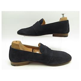 Hermès-HERMES LOAFERS 42 LOGO H SIGNATURE BLUE SUEDE SUEDE LOAFERS-Navy blue
