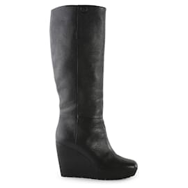 Gucci-Gucci Black Leather Square Toe Wedge Heel Knee Boots-Black