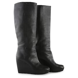 Gucci-Gucci Black Leather Square Toe Wedge Heel Knee Boots-Black