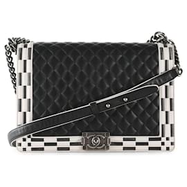 Chanel-Chanel Black & White Lambskin Leather Flap Boy Bag With Checkerboard Trim-Black