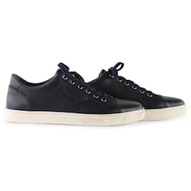 Dolce & Gabbana-Dolce & Gabbana Navy Blue Leather Lace-Up London Low Top Sneakers-Blue,Navy blue