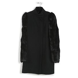 Casaco de lã/acrílico preto Pierre Balmain com mangas de pele e cinto largo envernizado Preto