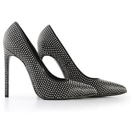 Saint Laurent-Saint Laurent Black Leather Studded Pointy Toe Pumps-Black