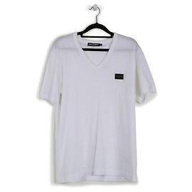 Dolce & Gabbana Camiseta branca de algodão com decote em V e logotipo de metal manga curta Branco
