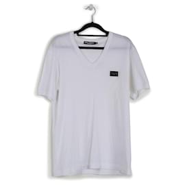 Dolce & Gabbana-Dolce & Gabbana White Cotton V-Neck Metal Logo Short Sleeves T-Shirt-White