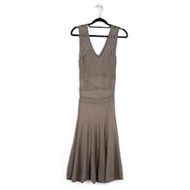 Christian Dior-Christian Dior Greige Knit & Lurex V Neck Bell Sleeveless Dress-Grey