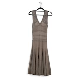 Christian Dior-Christian Dior Greige Knit & Lurex V Neck Bell Sleeveless Dress-Grey