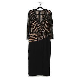Zuhair Murad Abito midi in seta nera e paillettes con scollo a V e maniche a tre quarti Nero