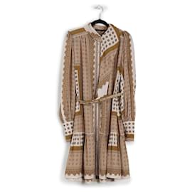 Zimmermann-Zimmermann Tan & Beige Printed Silk/Viscose Ruffled Long Sleeves Mini Dress-Brown,Beige