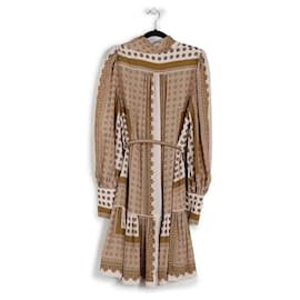 Zimmermann-Zimmermann Tan & Beige Printed Silk/Viscose Ruffled Long Sleeves Mini Dress-Brown,Beige