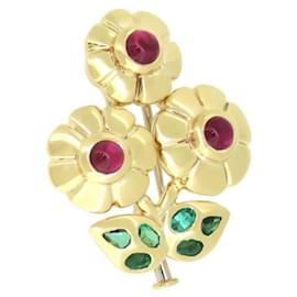 Cartier-Cartier Vintage 18K Yellow Gold 750 3p rubi 6P Broche de Flor Esmeralda com Caixa-Gold hardware