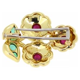 Cartier-Vintage Cartier 18k yellow gold 750 3p ruby 6P Emerald Flower Brooch with Box-Gold hardware
