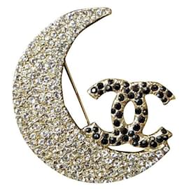 Chanel-CC 08P Crescent Moon Crystal Logo GHW Brooch RARE-Golden