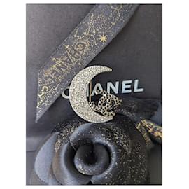 Chanel-CC 08P Crescent Moon Crystal Logo GHW Brooch RARE-Golden