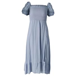 Reformation-Reformation Smocked Puff Sleeve Dress in Light Blue Viscose-Blue,Light blue