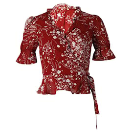 Reformation-Reformation Caprice Floral-Print Wrap Blouse in Red Viscose-Red