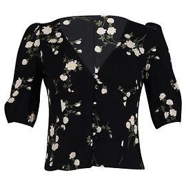 Reformation Bluse mit Puffärmeln und Blumendruck aus schwarzer Baumwolle Schwarz