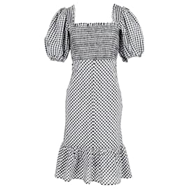Ganni-Ganni Smocked Puff Sleeve Gingham Dress in Black and White Polyester-Other