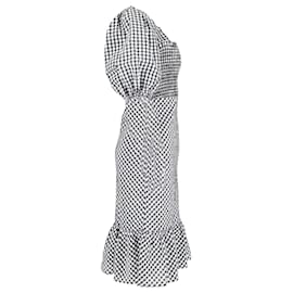 Ganni-Ganni Smocked Puff Sleeve Gingham Dress in Black and White Polyester-Other