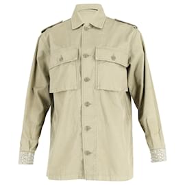 Saint Laurent-Saint Laurent Embellished Cuff Military Jacket in Light Khaki Cotton -Green,Khaki