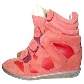 Isabel Marant-Suede and Leather Bekett High-Top Wedge Sneakers-Red