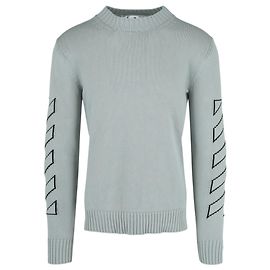 Off White Gestrickter Rundhalsausschnitt mit diagonalem Umriss in Off-White Blau