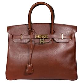 Hermès-HERMES BIRKIN 35 Cuir des Ardennes Marron Doré-Marron