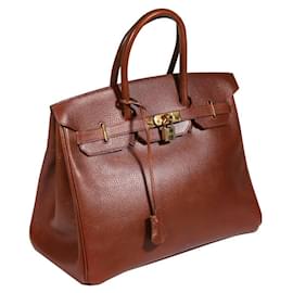 Hermès-HERMES BIRKIN 35 Cuir des Ardennes Marron Doré-Marron