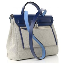 Hermès Herbag Blue Grey Leather Cotton Handbag Blue Grey