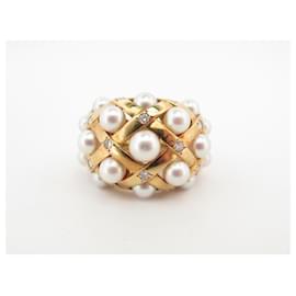 Chanel-VINTAGE CHANEL BAROQUE T RING50 yellow gold 18K PEARLS & DIAMONDS DIAMONDS RING-Golden