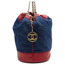 Chanel-VINTAGE CHANEL BACKPACK BUCKET BAG IN DENIM & RED LEATHER LOGO CC BACKPACK BAG-Blue