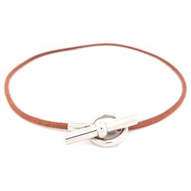 Hermès-HERMES GLENAN GOLD NECKLACE lined TOUR LEATHER BRACELET + NECKLACE BANGLE BOX-Silvery