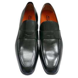 Santoni-Santoni Black Leather Elongated Loafers-Black