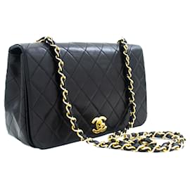 Chanel-CHANEL Bolso de hombro con cadena y solapa completa Monedero de piel de cordero acolchada negra-Negro