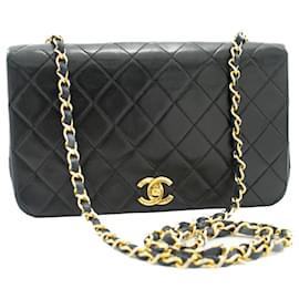Chanel-CHANEL Bolso de hombro con cadena y solapa completa Monedero de piel de cordero acolchada negra-Negro