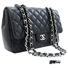 Chanel-CHANEL Clássico Grande 11" Corrente Bolsa de Ombro Aba Pele de Ovelha Preta-Preto