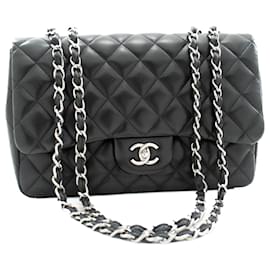 Chanel-CHANEL Classico Grande 11Borsa a tracolla con catena con patta in pelle di agnello nera-Nero